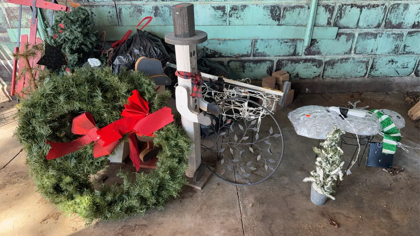 Christmas decor wreaths, Sleds etc