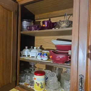 Gravy pitcher, saucers, jam cups, & more