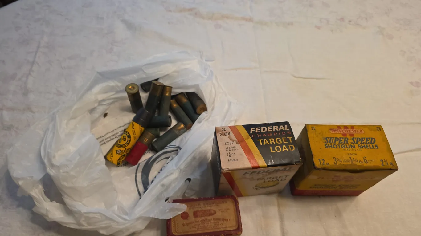 2 boxes of 12 Gauge Ammo, vintage 9mm ammo box & misc shot shells