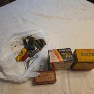 2 boxes of 12 Gauge Ammo, vintage 9mm ammo box & misc shot shells