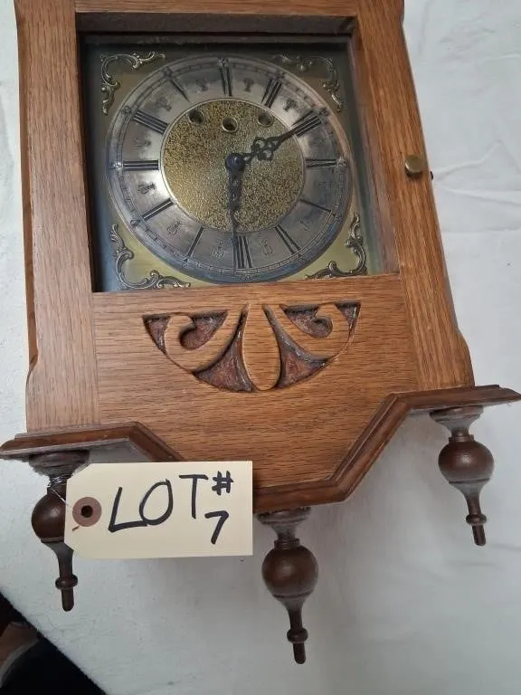 Wood Wall Clock with Brass-Tone Dial and Pendulum