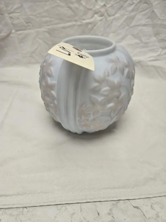 Pale Blue Round Floral Relief Art Glass Vase