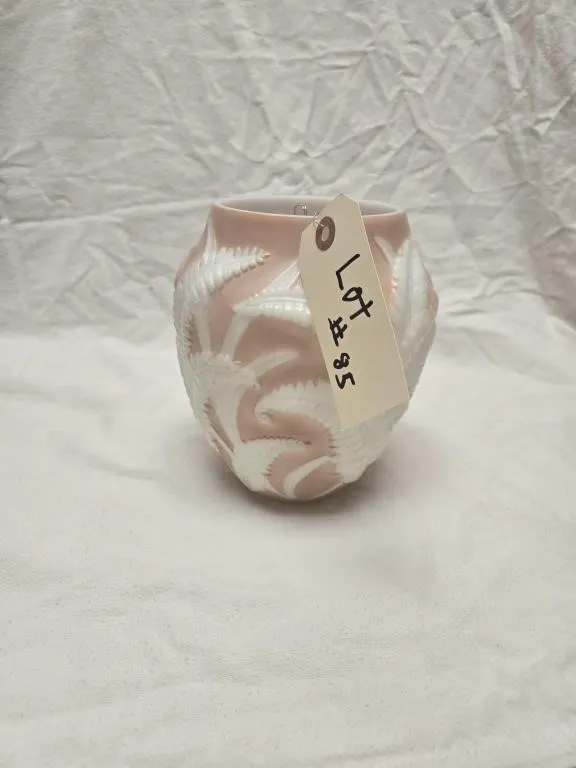 Blush Pink and White Fern Relief Art Glass Vase