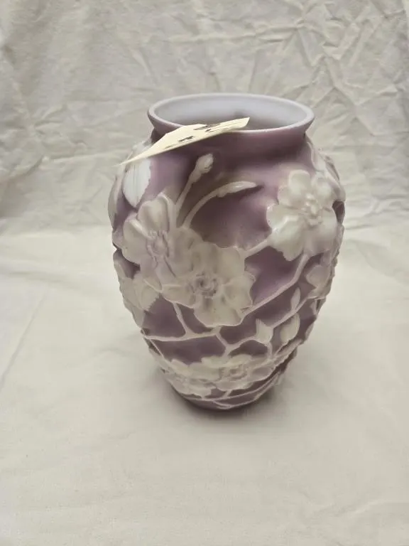 Purple and White Floral Relief Art Glass Vase