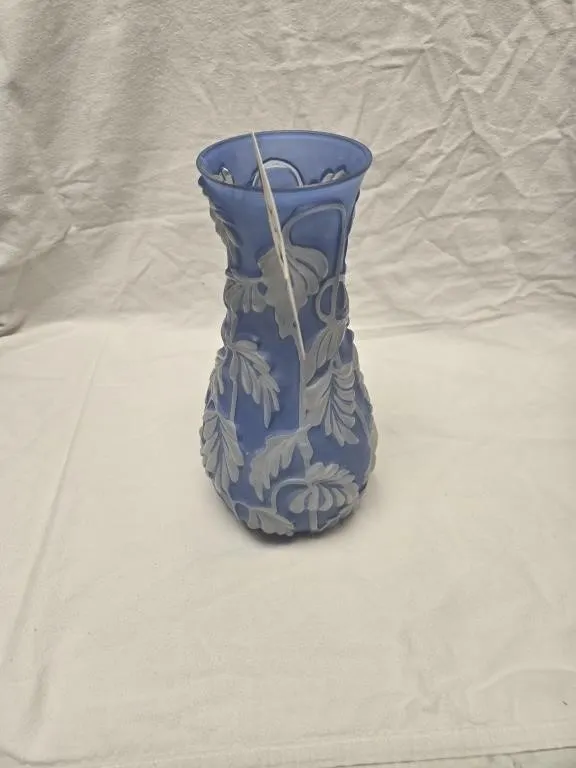 Blue and White Botanical Relief Art Glass Vase