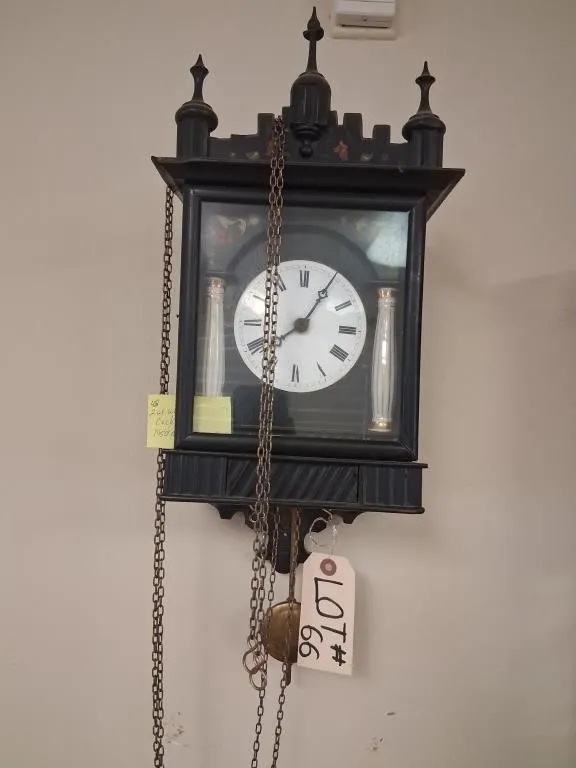 Black Weight-Driven Wall Clock with Pinecone Weigh