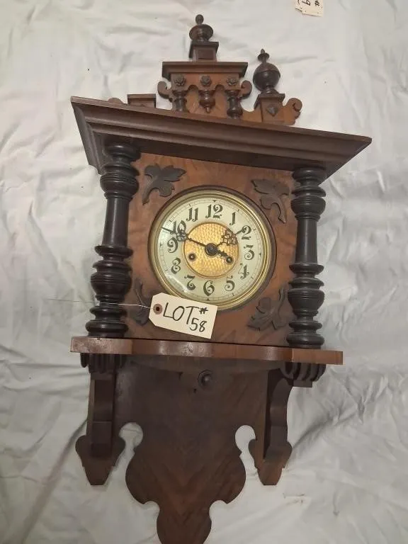 Ornate Carved Wood Wall Clock with Brass-Tone Dial