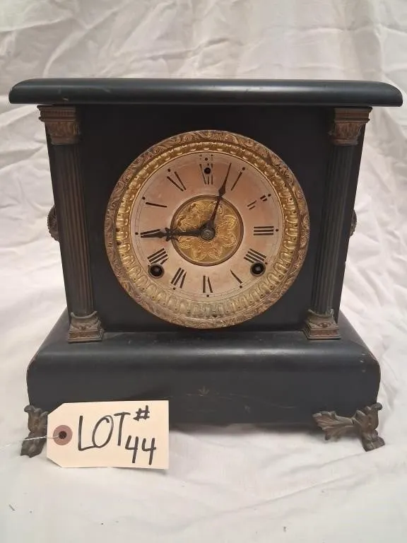 Black Column Mantel Clock with Ornate Gold-Tone Di