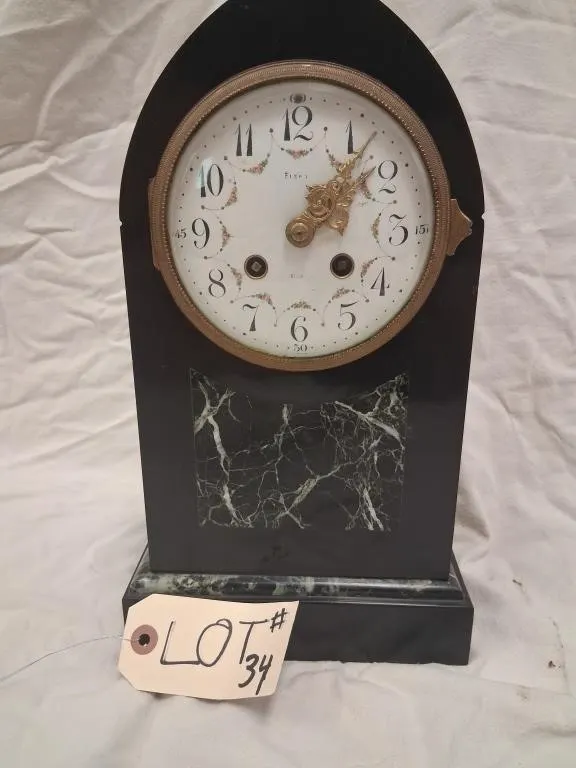 Black Mantel Clock with Floral Dial and Marble-Loo