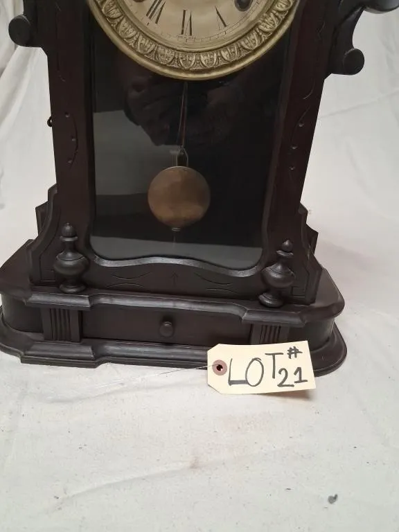 Ornate Dark Wood Mantel Clock with Urn Crest and P