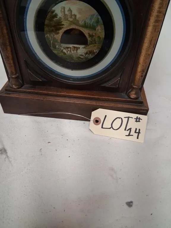 Decorative Wood Column Mantel Clock with Scenic Lo