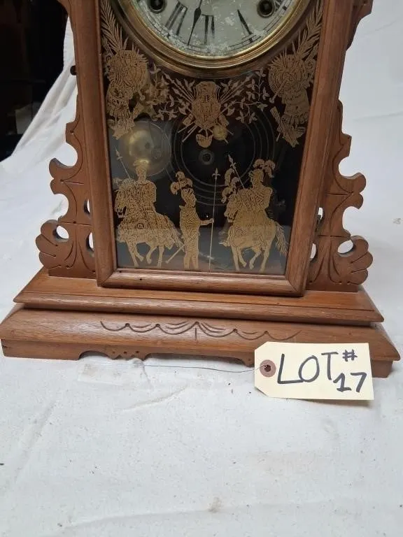 Ornate Wood Mantel Clock with Brass-Tone Dial and