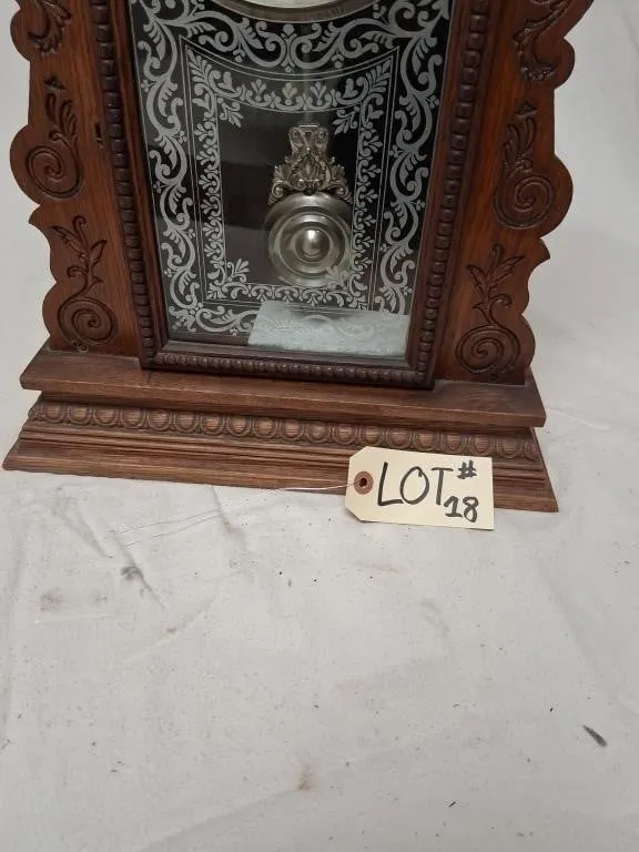 Kensico-Marked Carved Wood Mantel Clock with Etche