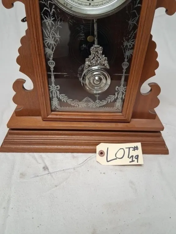 Carved Wood Mantel Clock with Star Crest and Etche