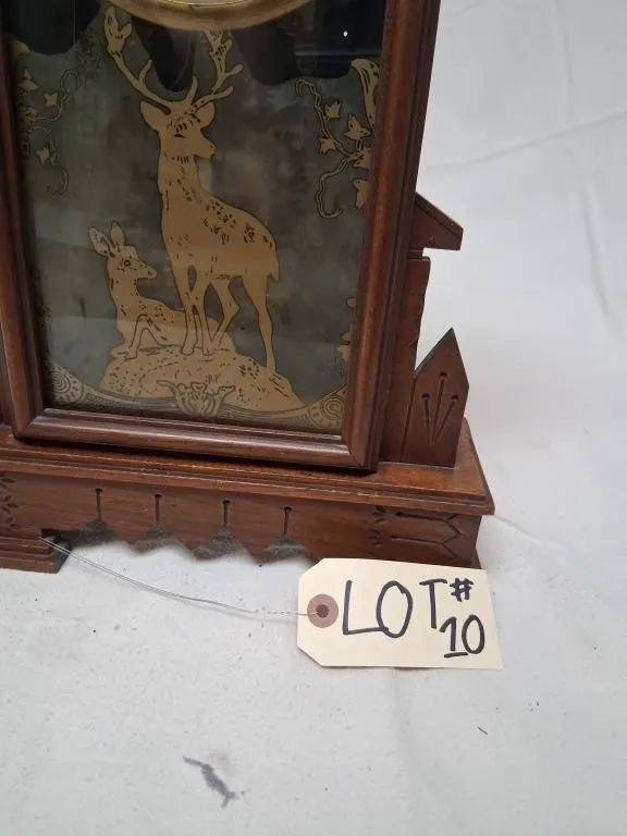 Ansonia-Marked Carved Wood Mantel Clock with Deer-