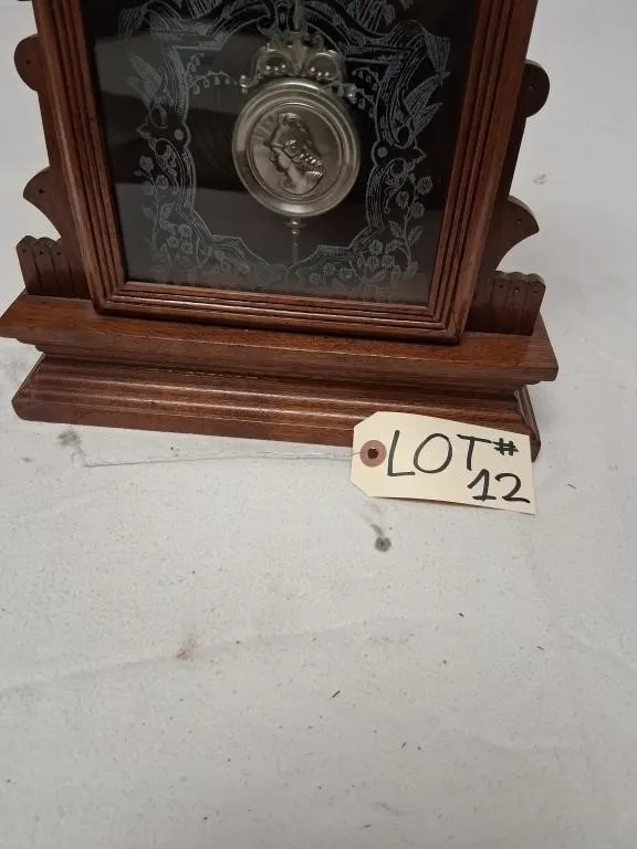Ornate Wood Mantel Clock with Etched Glass and Dec
