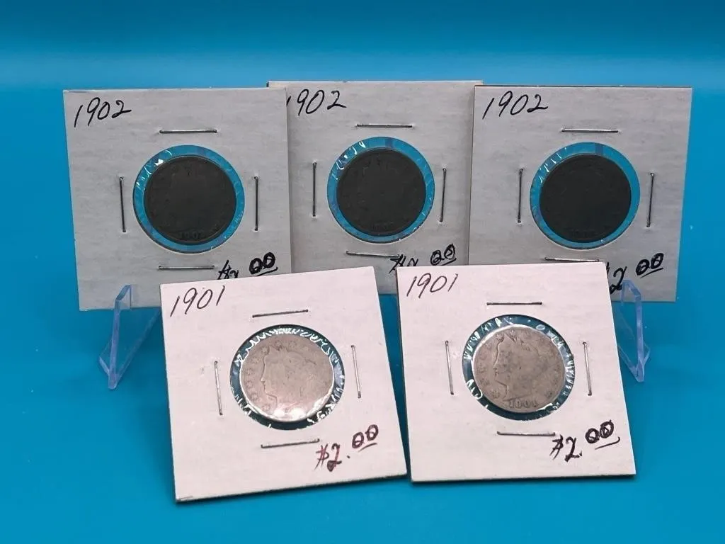 2 - 1901 & 3 - 1902 V Nickels