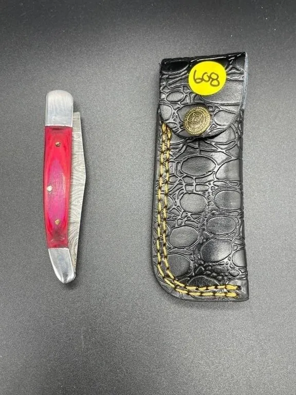 Folding Knife Damascus Steel Leather Holster
