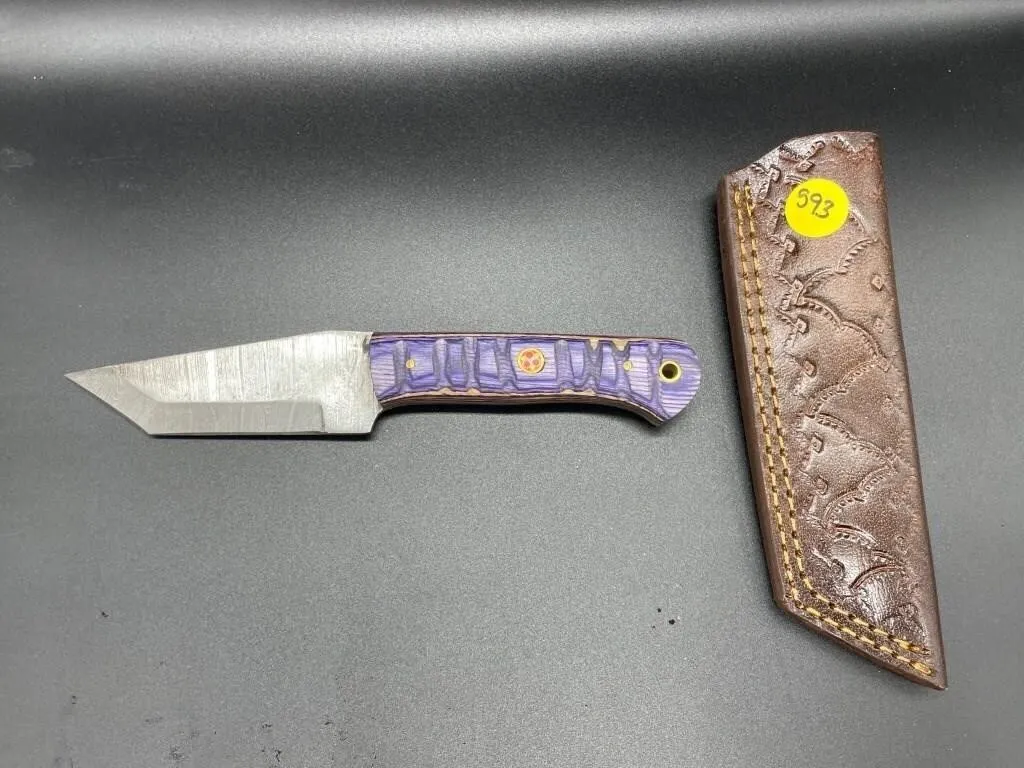 Fixed Blade Damascus Steel Knife w/Leather Sheath