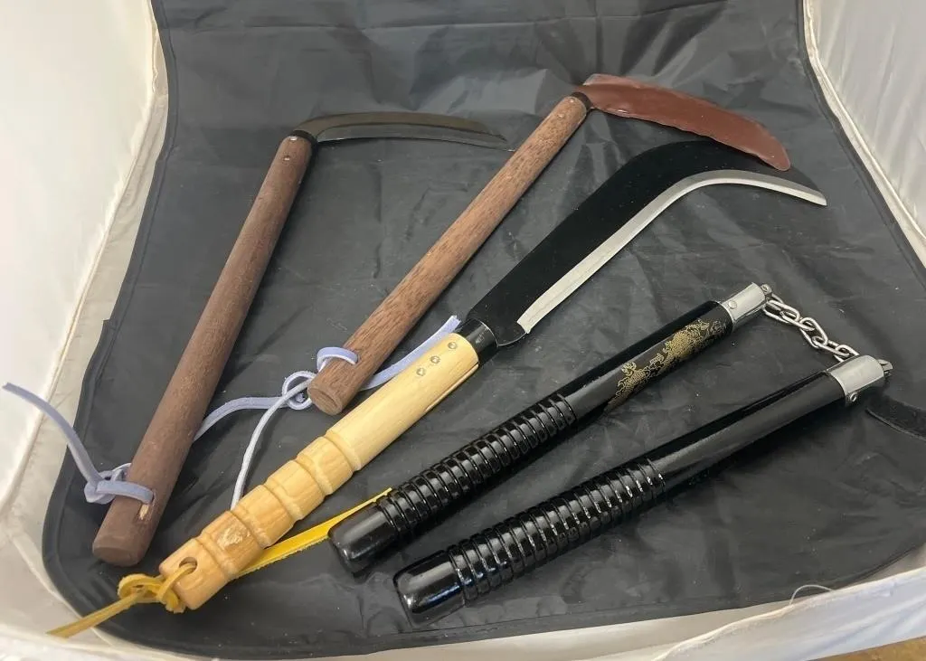 3-Martial Arts Weapons - Nunchaku - Kama Sickles -