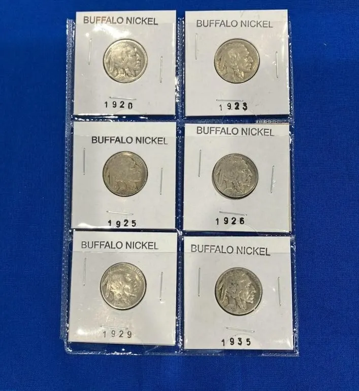 Set of 6 Vintage Buffalo Nickel Coins