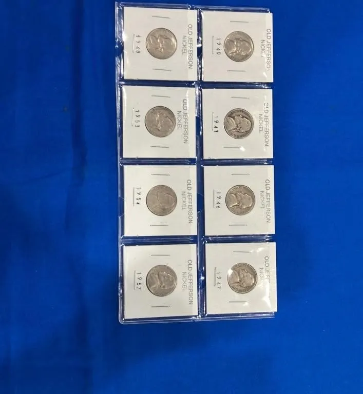 Set of 8 Vintage Jefferson Nickels (1940-1957)