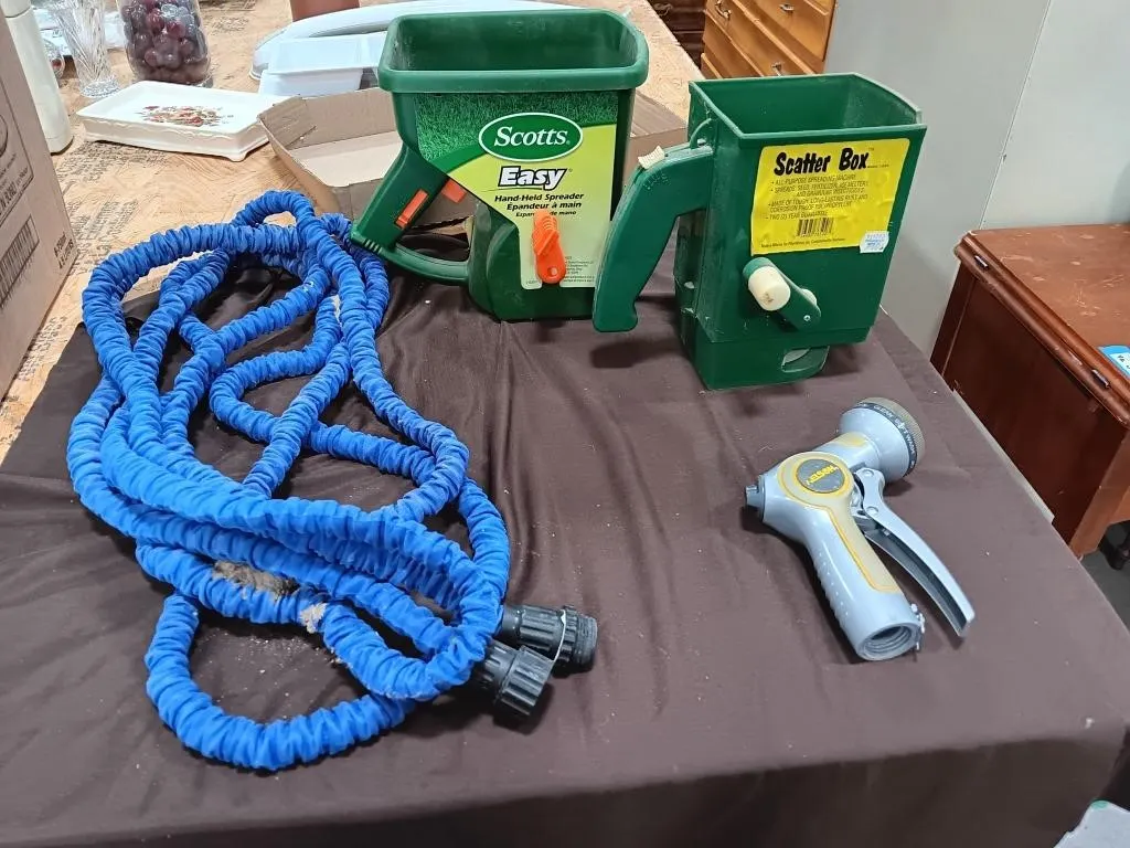 Grass/Fertilizer spreaders, garden hose, water