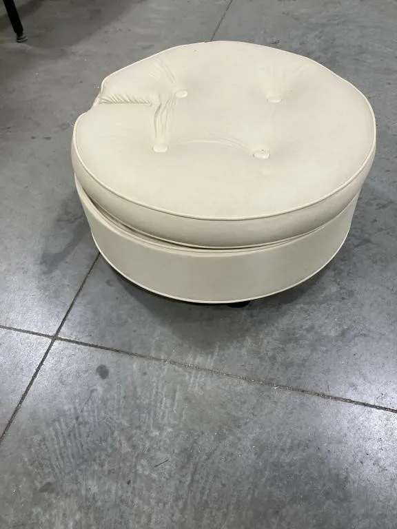 Vintage button-tufted round ottoman 24x11, east