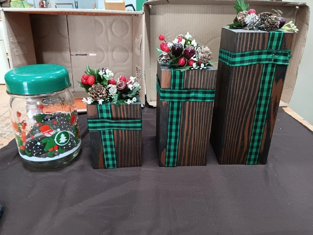 Solid wooden holiday decor and glass jar.