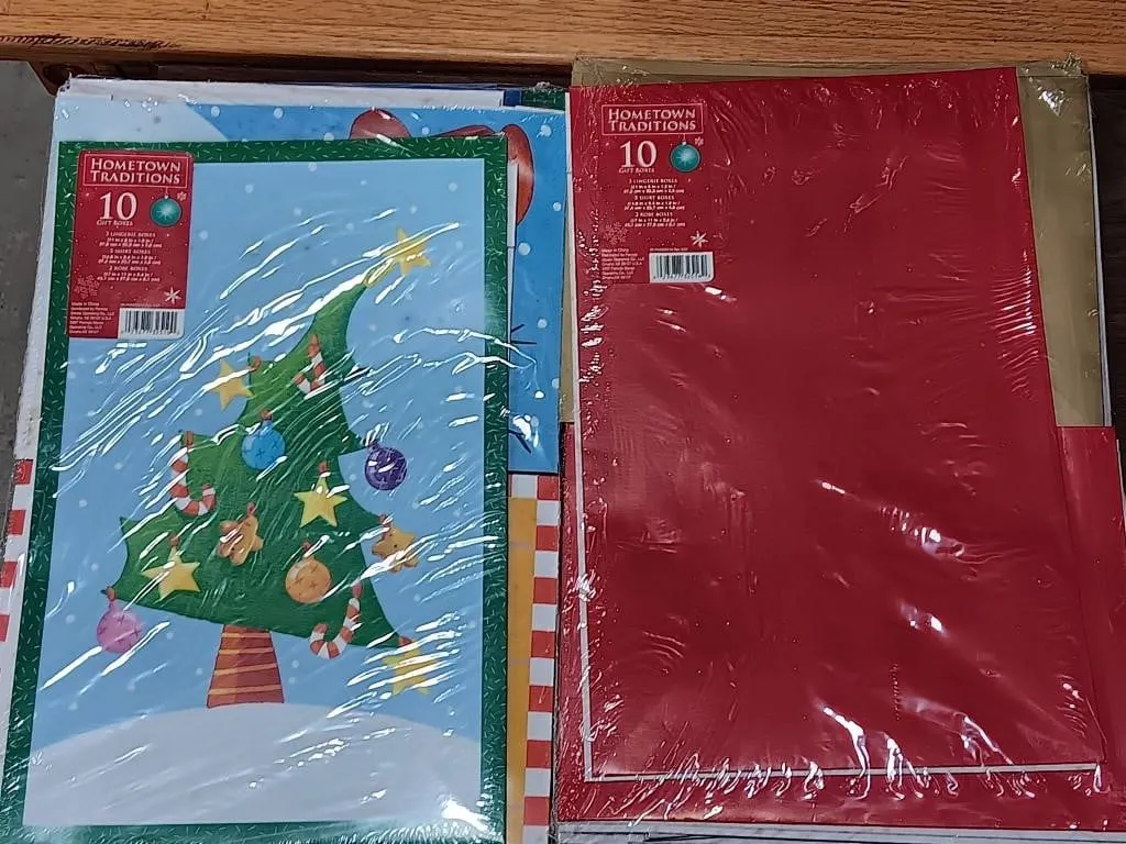 Gift wrapping, boxes, bags, and name tags.