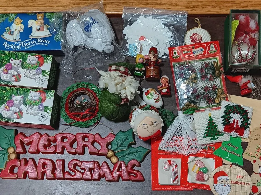Vintage Christmas decorations and tree ornaments.