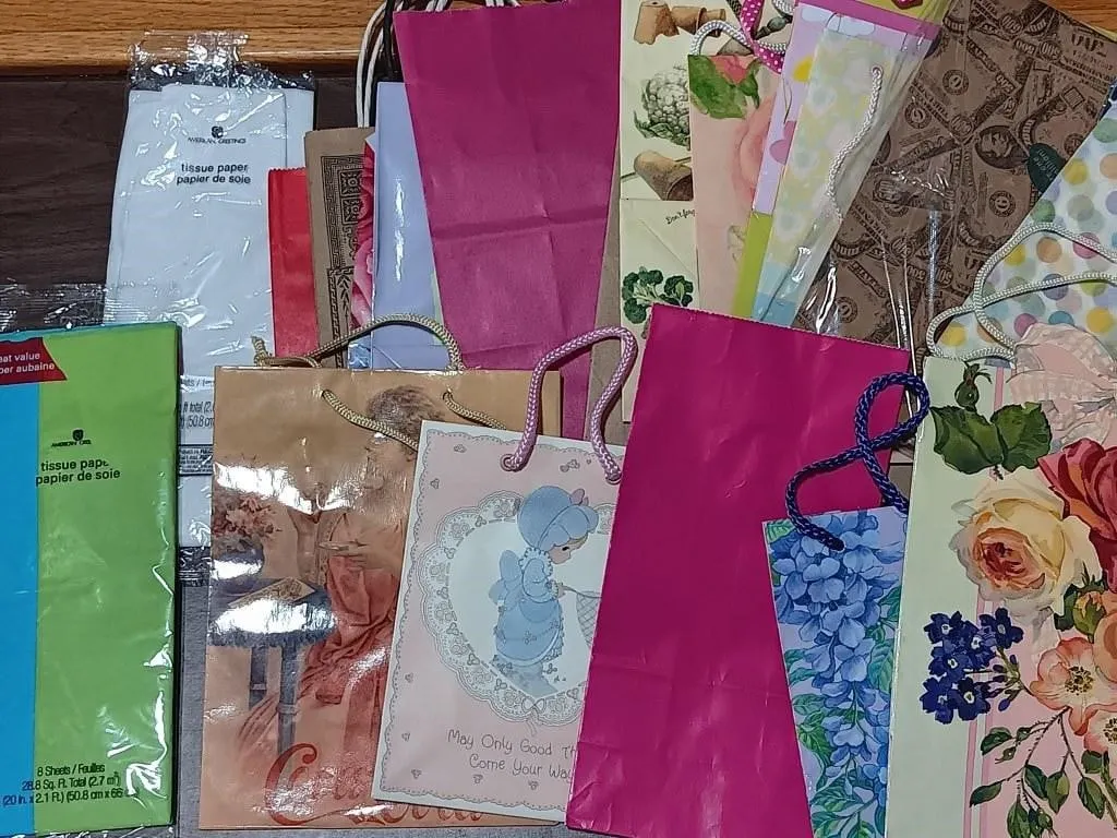 Gift bags, tissue paper, and wrapping paper for