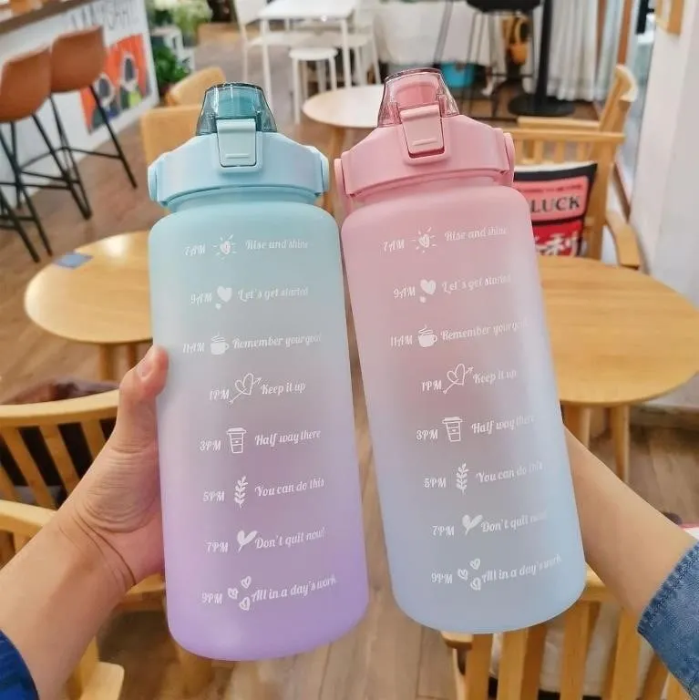 2L Water Bottle with Marker & Straw Large Capacity