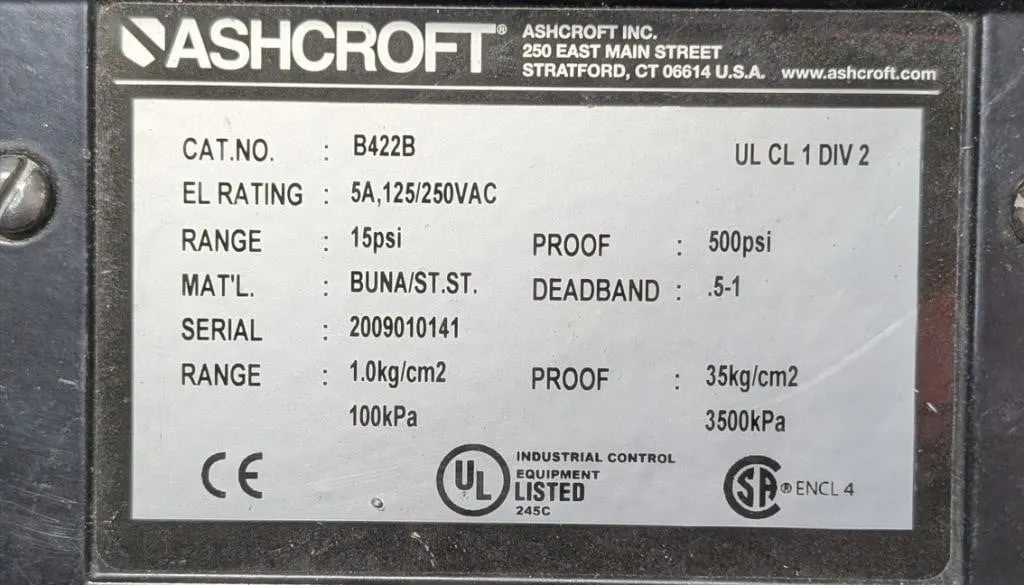 Ashcroft B422B mechanical pressure/snap action swc