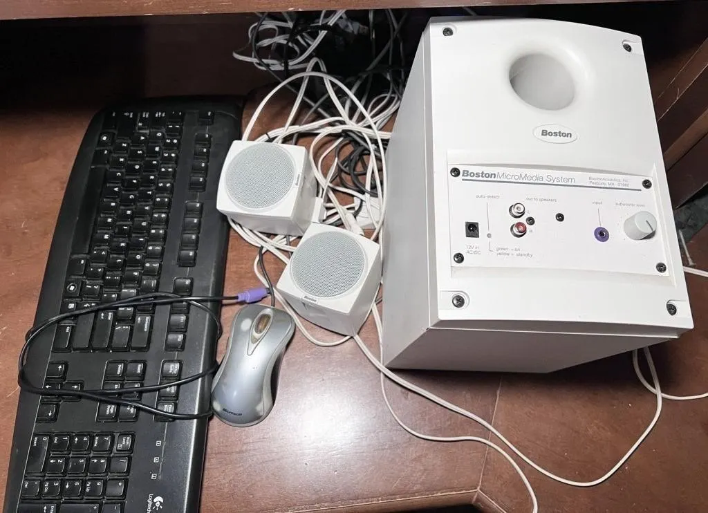 computer speakers, keyboard, mouse