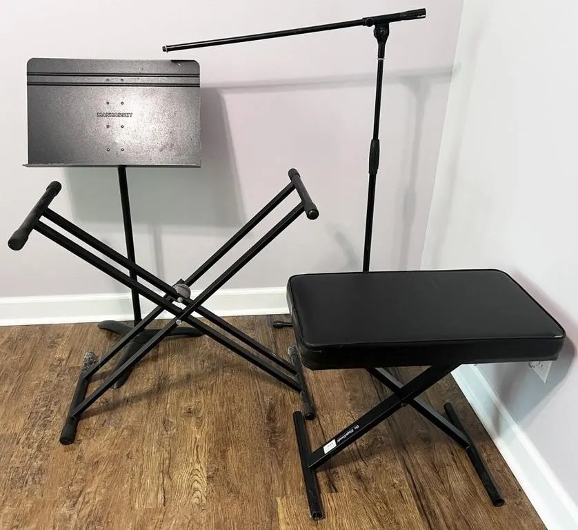 music stand, mic stand, keyboard stand, seat