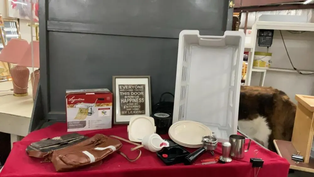 CRATE W/LAGOSTINA PASTA MAKER, PURSES, MISC BOWLS ETC