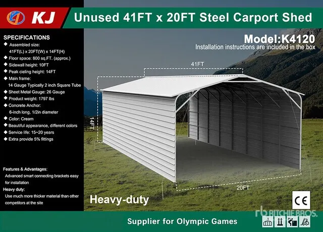 2026 KJ K4120 20 ft x 41 ft Enclosed Carport (Unused)