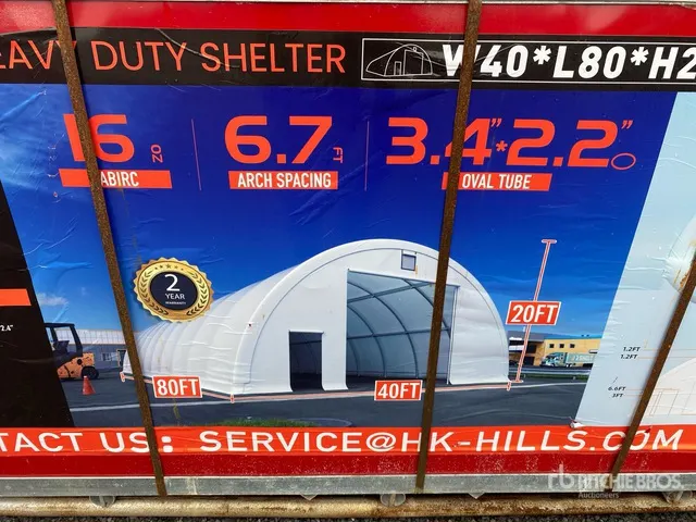 Semi-circular tent hall, 2 boxes: Dimensions: 24.38 m (L) × 12.19 m (W) × 6.10 m (H) Tents and Tent Components (Unused)