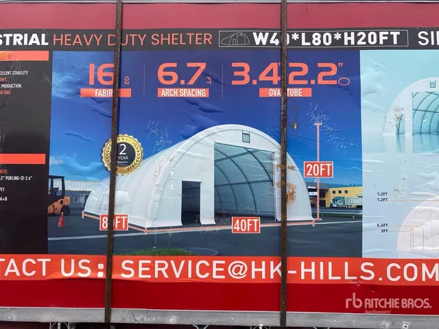 Semi-circular tent hall, 2 boxes: Dimensions: 24.38 m (L) × 12.19 m (W) × 6.10 m (H) Tents and Tent Components (Unused)