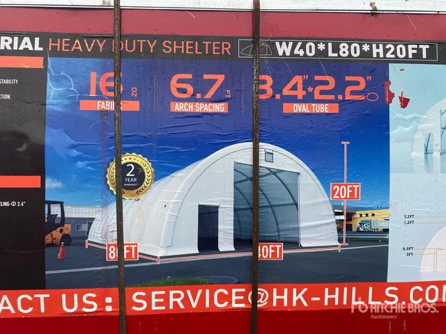 Semi-circular tent hall, 2 boxes: Dimensions: 24.38 m (L) × 12.19 m (W) × 6.10 m (H) Tents and Tent Components (Unused)