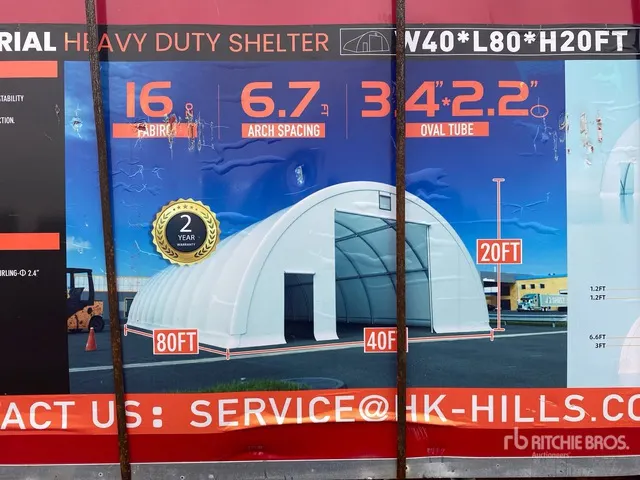 Semi-circular tent hall, 2 boxes: Dimensions: 24.38 m (L) × 12.19 m (W) × 6.10 m (H) Tents and Tent Components (Unused)