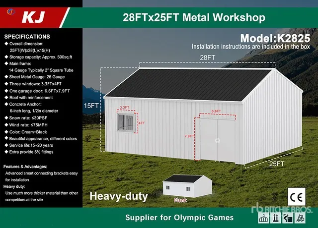 2026 KJ K2825 28 ft x 25 ft Metal Workshop (Unused)