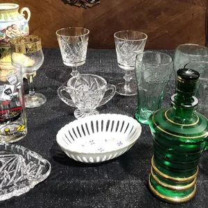 Glassware Lot: Coca-Cola Glasses, Hand Painted Vase, Crystal, and Barware