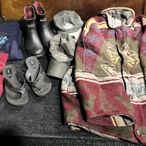 Clothing Lot: XL Sport Jacket, XXL Tee, Crooks & Castles Hoodie, Boots Sz 6-6.5, Hats, Sandals