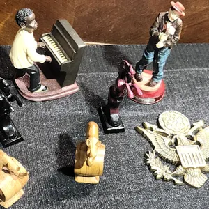 8 Mixed Figurines and Eagle Plaque – Resin, Wood and Metal Assortment