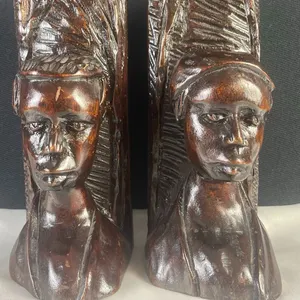 Hand-Carved Wooden Bust Bookends, Approx. 10 x 4 x 4 Inches