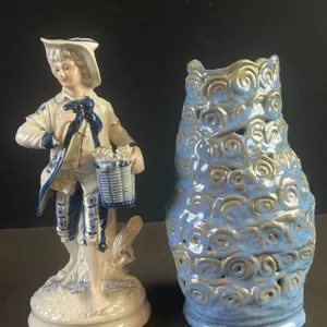 Lefton Taiwan 10" Porcelain Boy Figurine and Alison Jaken 9" Blue Glazed Ceramic Vase
