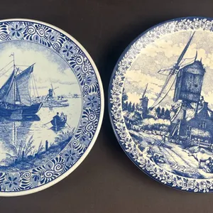 2 De Porceleyne Fles Dutch Delft Blue Wall Plates, Chornick, Made in Holland