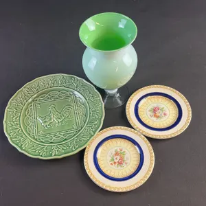 Bordallo Pinheiro Plate, Woods Ivory Ware Buckingham Saucers, Green Cased Glass Vase